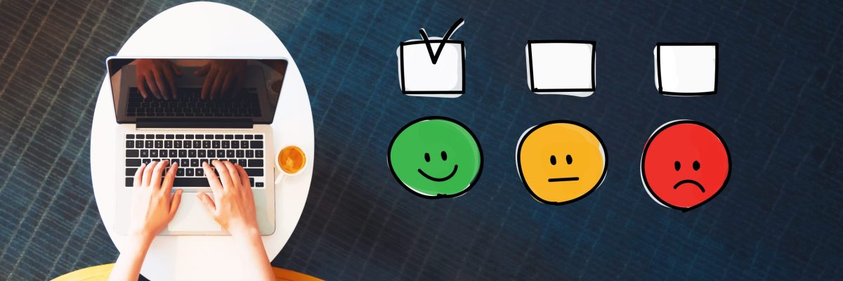 Survey with person using a laptop on a white table